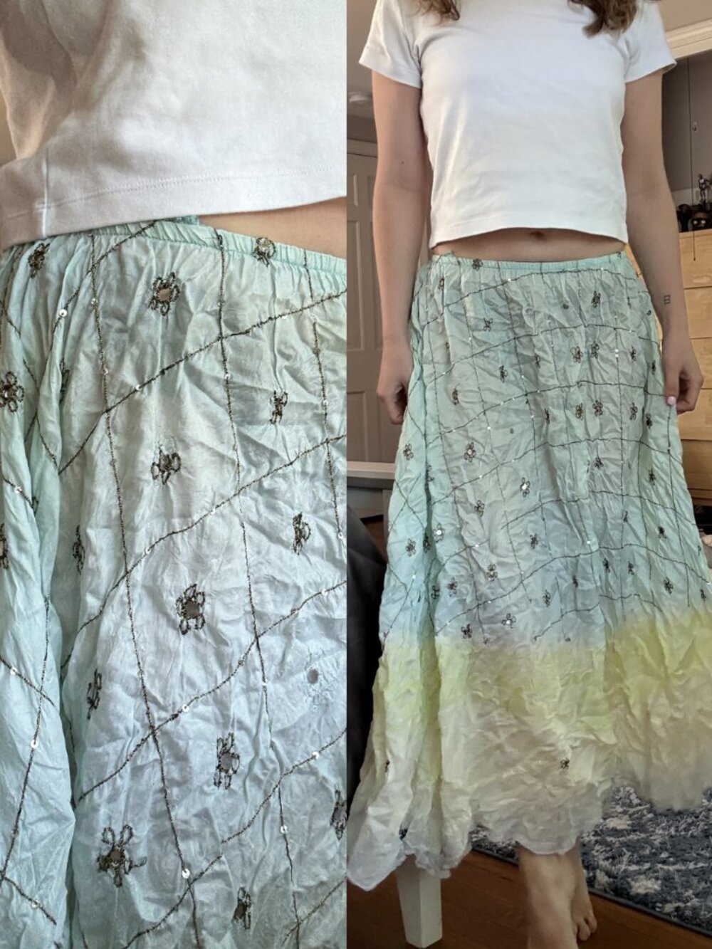 Vintage Mint Green and Lime Ombre Embroidered Maxi Skirt
